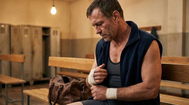 a picture of a wrestler in a locker room tying white wrist tape on wooden bench, older athlete portrait with gym bag, lockers, warm bulb light, thoughtful comeback training atmosphere after practice