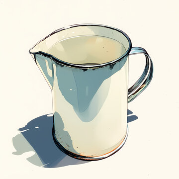 A hand-drawn enamel pitcher with a spout and handle, showing subtle rust and shadows against a clean white background.