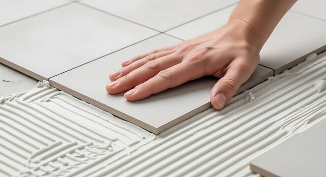 Hand Installing Ceramic Floor Tile with White Adhesive