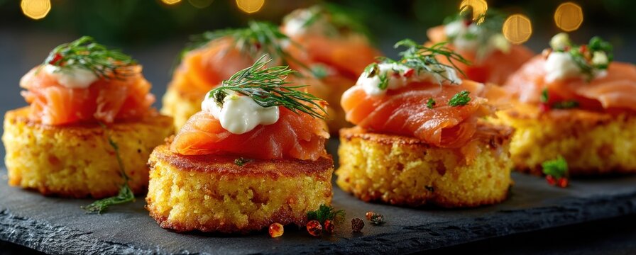 Mini cornbread cakes topped with smoked salmon and fresh dill, served as elegant appetizers on a dark slate surface, highlighting vibrant colors and textures