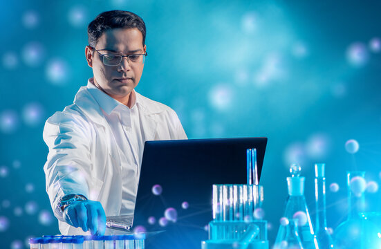 Biotechnology research, scientist analyzes samples using laptop, laboratory testing, data processing, pharmaceutical development and medical innovation