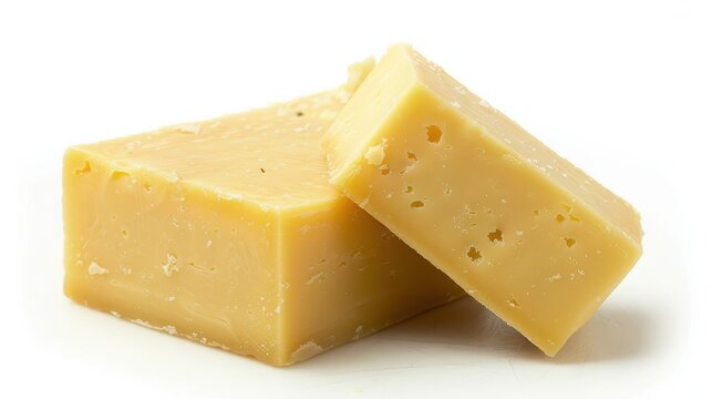 Two blocks of yellow cheese on a white background dairy product shot with studio lighting