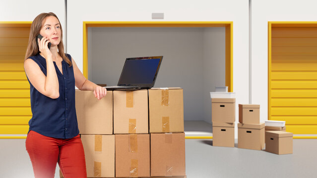 Self storage business, woman manages inventory on phone and laptop, organizing boxes, client communication and logistics coordination in storage facility