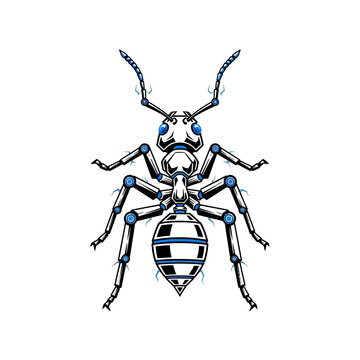 Detailed illustration of a metallic ant with blue accents.