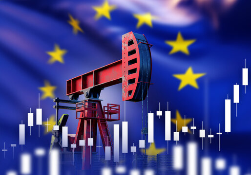 Energy market analysis, oil pump jack with EU flag and stock chart, crude production trends, economic policy impact and commodity price fluctuations