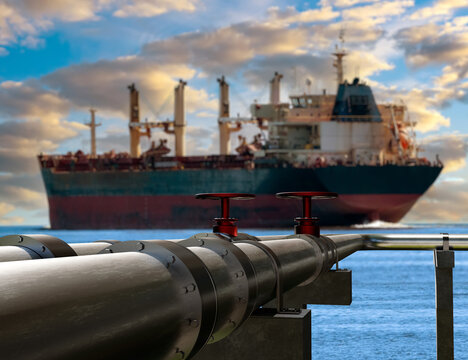 Oil transport infrastructure, pipeline valves near cargo vessel, maritime fuel delivery, energy logistics, export operations and offshore supply chain management