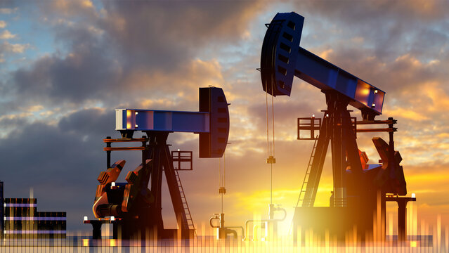 Oil extraction industry, pumpjacks operate at sunset, crude production, energy supply, industrial equipment and petroleum field operations