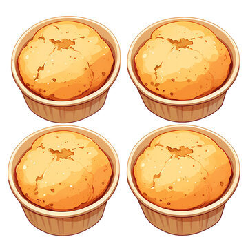 Four golden-brown muffins in paper liners sit in a 2x2 arrangement on a white background, illustrated in a cartoon vector style.