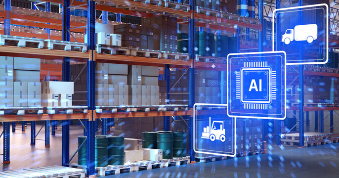 Smart warehouse logistics, AI system optimizes storage and transport, automated inventory management, digital supply chain and distribution efficiency