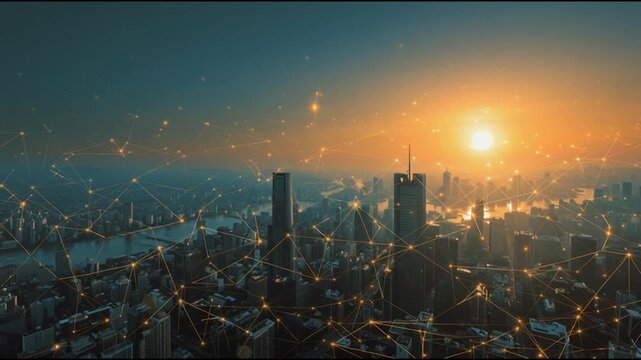 Smart digital Innovation city with connection network reciprocity over the cityscape. of future smart wireless digital city and social media networking systems that connects people with in city