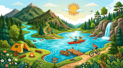Naklejka premium People enjoying outdoor activities by a serene river with a tent and campfire