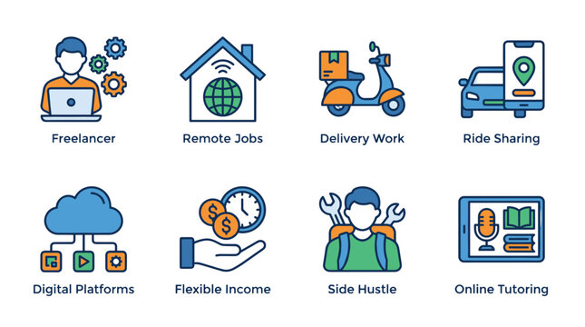 Freelance work and remote job icons with digital platforms and side hustle concepts