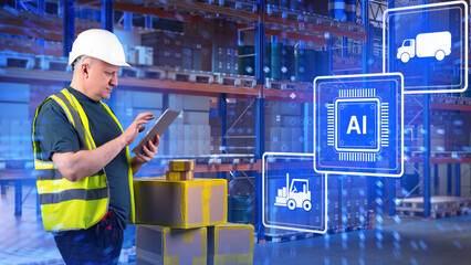Warehouse, logistics center. Worker in safety gear uses tablet to manage inventory with AI system, tracking shipments, forklifts and delivery operations. © Grispb