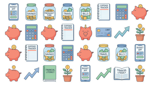 Colorful illustration set of various money saving and financial planning icons