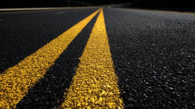 Close-Up View of Freshly Painted Yellow Road Markings on Asphalt with Dark Background Highlighting the Texture and Patterns of the Surface