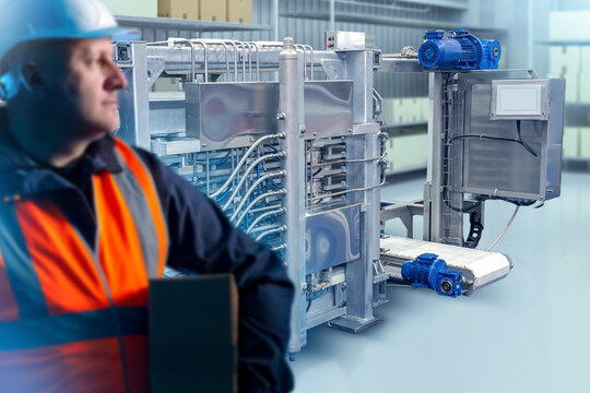 Industrial plant, food freezing line. Engineer supervises rapid freezing equipment for food products, controlling automated machinery and monitoring production processes.