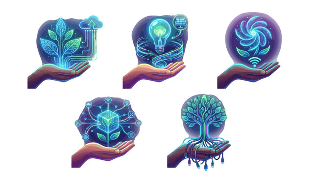 Glowing blue crystal orbs and plants in hands