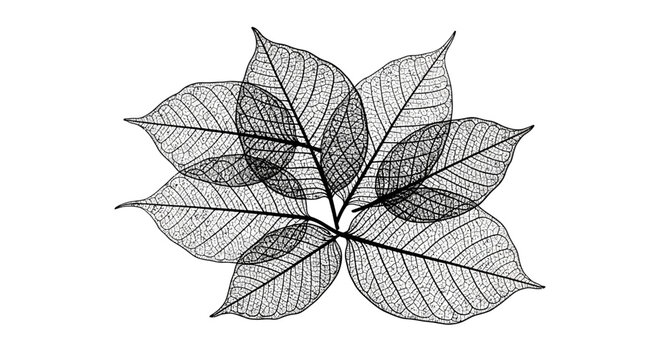 Close-up of delicate, translucent leaf skeletons with intricate vein patterns arranged in a circular composition on a white background.