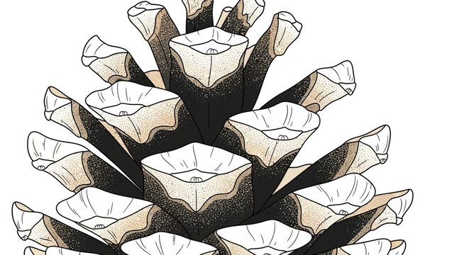 Detailed illustration of a pine cone with distinct scales and conical shape.