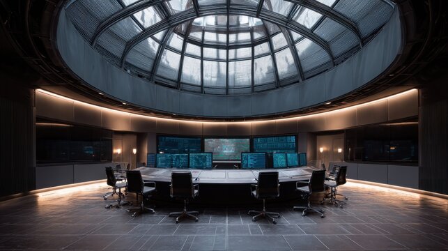Modern control room with black chairs and large blue screens under a circular skylight dome ceiling