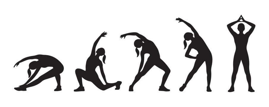 Set of female silhouettes showing diverse yoga positions and stretching movements on plain background.