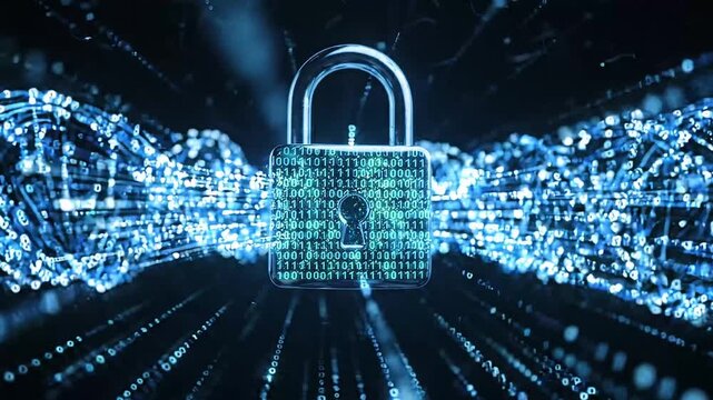 Cybersecurity concept with a digital padlock and binary code on a futuristic data network background for information security