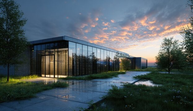 Modern data center exterior at sunset with glass facade and surrounding natural landscape