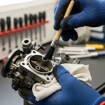 Mechanic Cleaning a Car Carburetor with a Brush in a Workshop