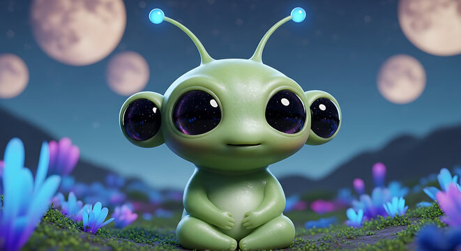 A green alien sits on a mossy hill surrounded by glowing plants at dusk.