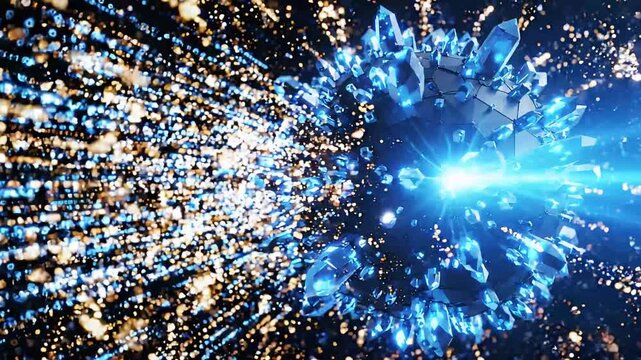 Abstract 3d illustration of a futuristic sphere with glowing blue crystals and data particles on a dark background