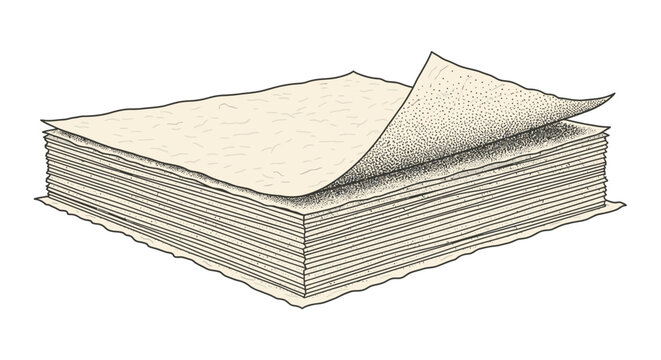 A stack of plain paper sheets with the top sheet curling up.