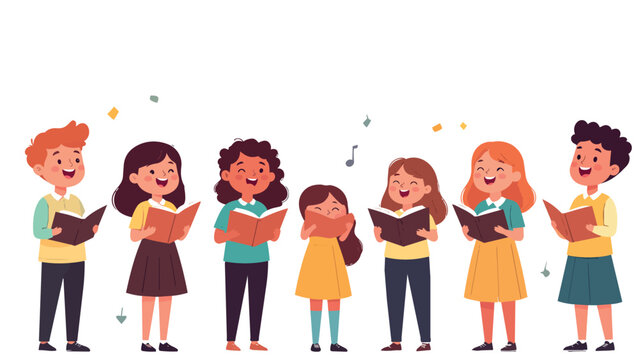 Diverse children singing in choir with books, flat design vector illustration.