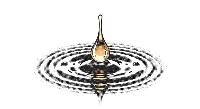 A single golden liquid drop suspended above a surface creating concentric ripples on a white background.