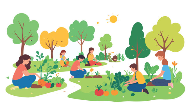 Diverse group of people gardening together in a beautiful green park with trees, plants, and vegetables in flat design style. Community garden and nature concept featuring families and individuals pla