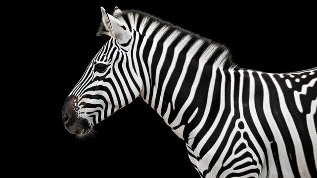 A profile silhouette of a wild striped zebra standing isolated on a black background illustrates the natural pattern of this safari mammal in a clean wildlife vector style