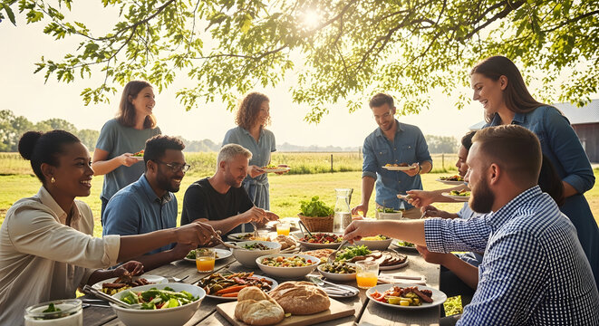 A wide shot of happy men and women sitting at a long wooden table sharing various healthy dishes in a sunny rural field