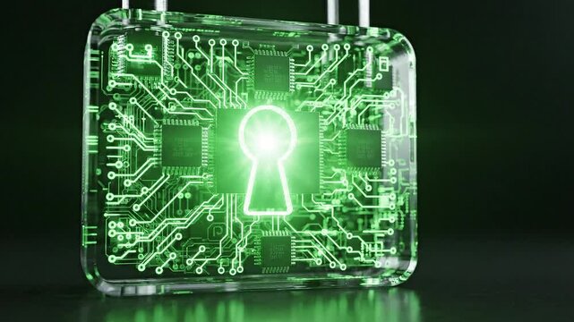 Futuristic cybersecurity concept glowing green electronic padlock with circuitry and keyhole on dark background