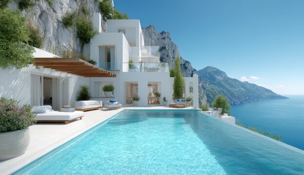 Modern white villa with an infinity pool on a cliff overlooking the sea and surrounding mountains under clear blue skies