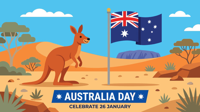 Australian flag and kangaroo on desert landscape.
