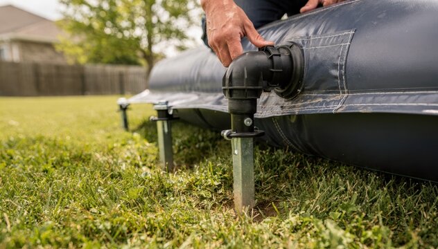 Closeup of professional grounding inflatable house stakes on suburban grass with blower inlet attachment emphasized backyard trees and houses blurred.