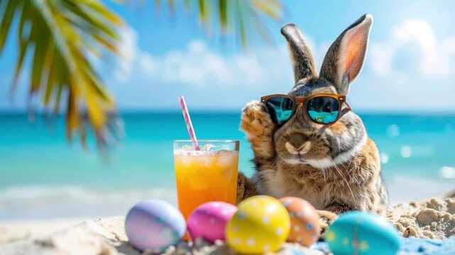 Easter Bunny Relaxing on Tropical Beach with Drink.