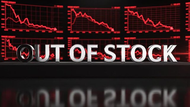 3D Out of Stock Text with Falling Stock Market Graphs and Red Gloomy Atmosphere