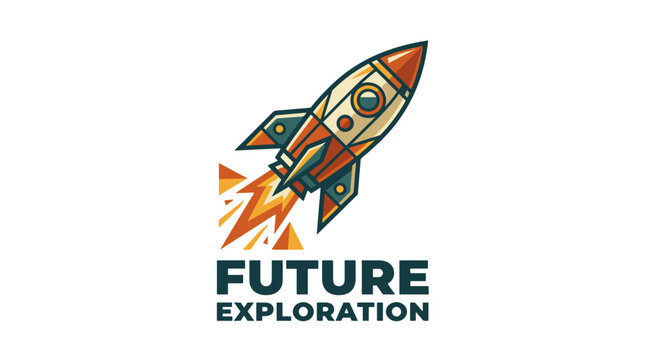 Vibrant rocket ship logo with the words future exploration