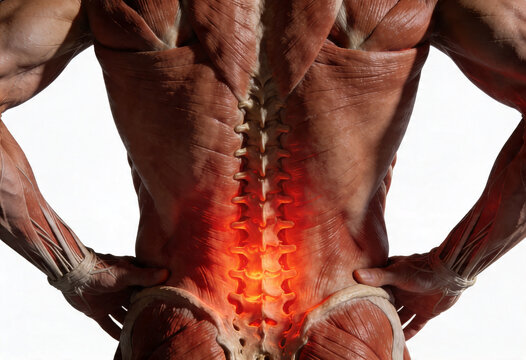 Adult male anatomy backview with inflammation and pain in lower back, depicting sciatica nerve ache health problem for medical understanding.