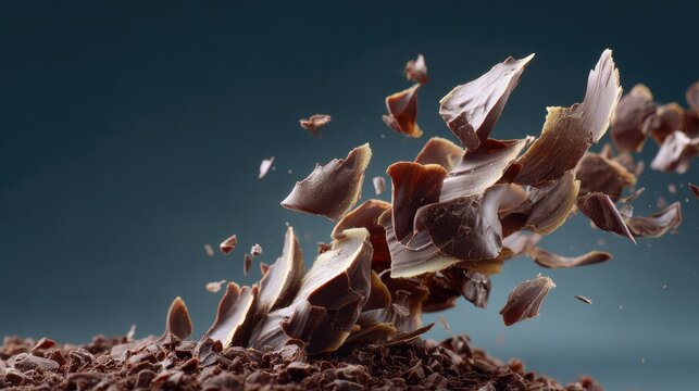 Dynamic Splashes of Chocolate Chunks Flying in a Dark and Elegant Background, Capturing the Essence of Richness and Indulgence in Sweet Treats