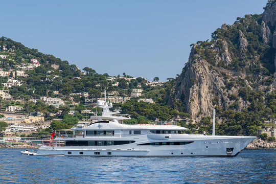 Marina Piccola, Capri Island, Italy, June 14, 2025: Luxury motor yacht Lady Nag Nag, built by Amels in 2008. It is a 52.3-meter yacht from the Amels 171 series.