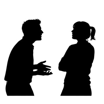 Silhouette of a man and woman in conversation, with the man gesturing and the woman listening with arms crossed.
