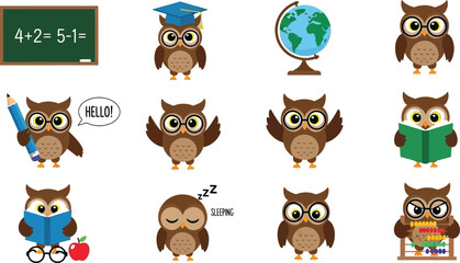 Fototapeta premium Owl characters with glasses doing school activities Vector