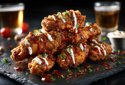 Pile of crispy fried chicken wings drizzled with sauces and garnished with herbs on a dark serving platter