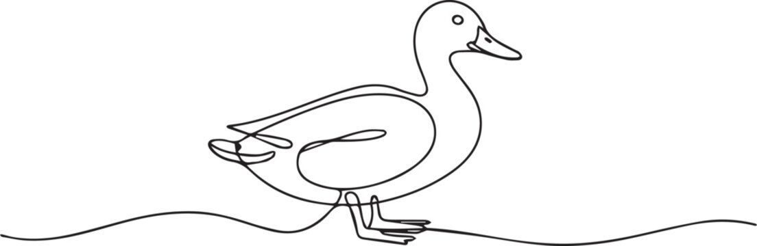 A simple line drawing of a duck standing on a wavy line isolated on white background